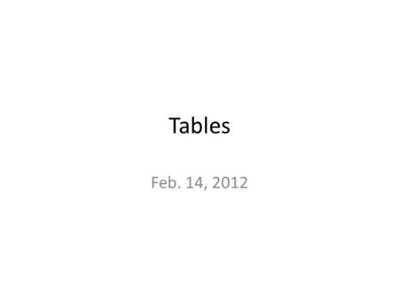 Tables Feb. 14, 2012. Tables Great way to organize and display information Laid out in columns and rows Think of an excel spreadsheet Defined with tag.