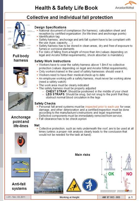 Health & Safety Life Book AM ST 003 - 005 p. 1 v.01 - Nov. 03, 2011 Working at Height Design Specifications National document of compliance (for harness),