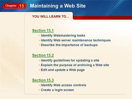 15 Maintaining a Web Site Section 15.1 Identify Webmastering tasks Identify Web server maintenance techniques Describe the importance of backups Section.