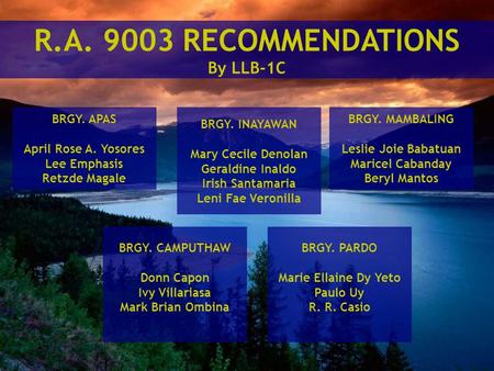 R.A RECOMMENDATIONS By LLB-1C BRGY. APAS April Rose A. Yosores