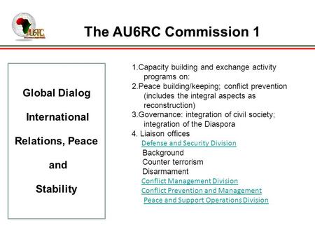 The AU6RC Commission 1 Global Dialog International Relations, Peace and Stability 1.Capacity building and exchange activity programs on: 2.Peace building/keeping;