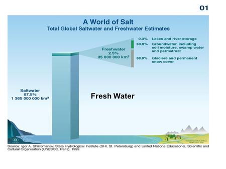 Fresh Water. Only 3% of the water on earth is fresh water: –Hydrologic cycle –Shortages do occur –Groundwater supplies can be exhausted Pollution of fresh.
