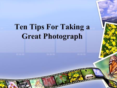 Ten Tips For Taking a Great Photograph. Contents What is photography? Why do we need photography? 10 tips for a great picture Conclusion References.