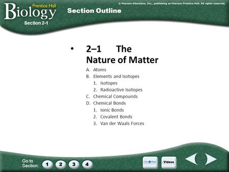 Go to Section: 2–1The Nature of Matter A.Atoms B.Elements and Isotopes 1.Isotopes 2.Radioactive Isotopes C.Chemical Compounds D.Chemical Bonds 1.Ionic.