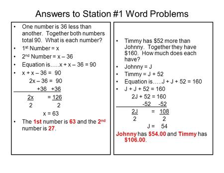 Answers to Station #1 Word Problems
