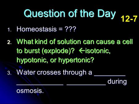 Question of the Day 12-7 Homeostasis = ???