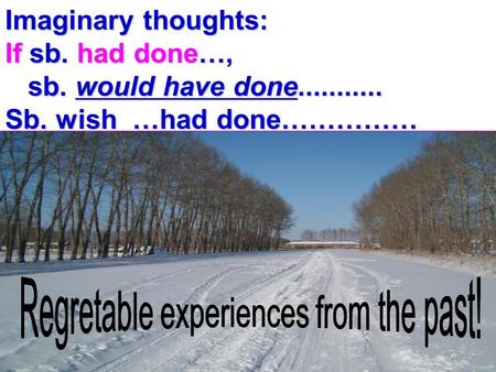Imaginary thoughts: If sb. had done…, sb. would have done........... sb. would have done........... Sb. wish …had done……………