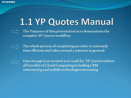 The Purposes of this presentation is to demonstrate the complete YP Quotes workflow. The whole process of completing an order is extremely time efficient.