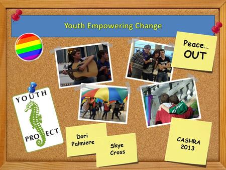 CASHRA 2013 Dori Palmiere Peace… OUT Skye Cross. 1.About The Youth Project 2.Empowering Youth Since 1993 3.Engaging Youth- Why it works! 4.Some Stats.
