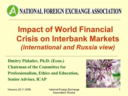 Moscow, 20.11.2008National Foreign Exchange Association, Russia 1 Impact of World Financial Crisis on Interbank Markets (international and Russia view)