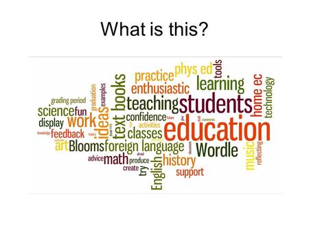 What is this?. What is a Word Cloud? Visual representation of frequency of user generated words in a text. Tag Cloud (web design) Weighted List (visual.