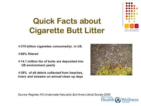 Quick Facts about Cigarette Butt Litter 370 billion cigarettes consumed/yr. in US. 98% filtered 14.1 million lbs of butts are deposited into US environment.