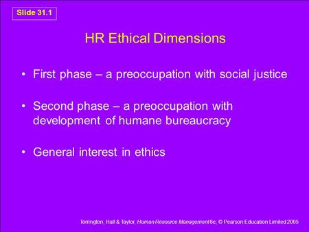 HR Ethical Dimensions First phase – a preoccupation with social justice Second phase – a preoccupation with development of humane bureaucracy General interest.