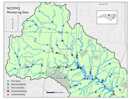 NCDWQ Monitoring Sites January 2011. DWQ Monitoring in Upper Neuse Generally part of overall statewide assessment Fish tissue Macroinvertebrates Fish.