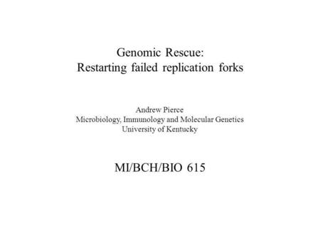 Genomic Rescue: Restarting failed replication forks MI/BCH/BIO 615 Andrew Pierce Microbiology, Immunology and Molecular Genetics University of Kentucky.