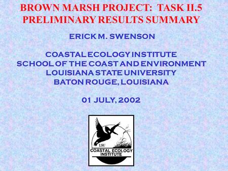ERICK M. SWENSON COASTAL ECOLOGY INSTITUTE SCHOOL OF THE COAST AND ENVIRONMENT LOUISIANA STATE UNIVERSITY BATON ROUGE, LOUISIANA 01 JULY, 2002 BROWN MARSH.