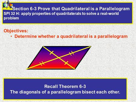 Recall Theorem 6-3 The diagonals of a parallelogram bisect each other.