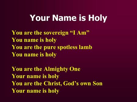 Your Name is Holy You are the sovereign I Am You name is holy You are the pure spotless lamb You name is holy You are the Almighty One Your name is holy.