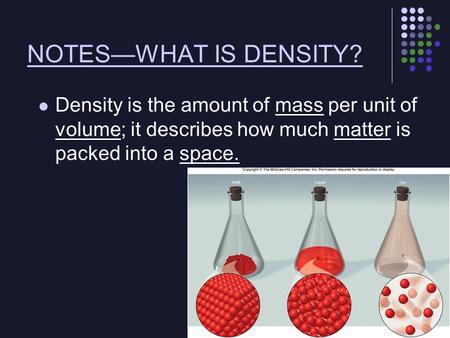 NOTES—WHAT IS DENSITY? Density is the amount of mass per unit of volume; it describes how much matter is packed into a space.