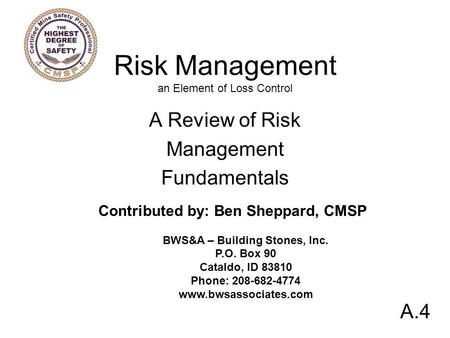 Risk Management an Element of Loss Control