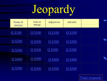 Jeopardy Verbs & Setting AdjectivesAdverbs Q $100 Q $200 Q $300 Q $400 Q $500 Q $100 Q $200 Q $300 Q $400 Q $500 Final Jeopardy Nouns & Articles.