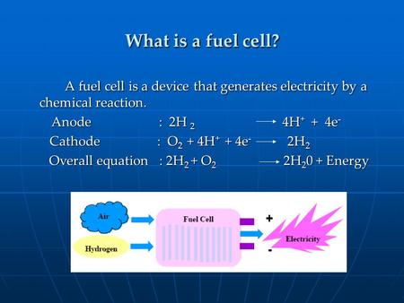 What is a fuel cell? A fuel cell is a device that generates electricity by a chemical reaction. Anode : 2H 2.