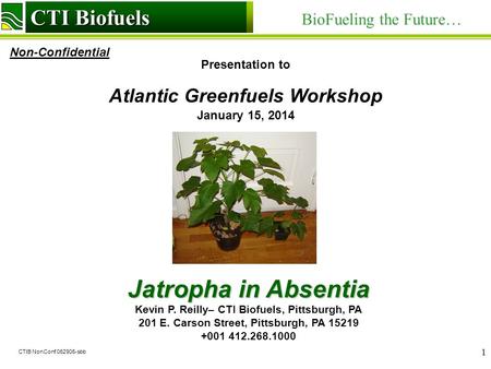 CTI Biofuels BioFueling the Future… Non-Confidential CTI Biofuels CTIB NonConf 062906-sbb 1 Presentation to Atlantic Greenfuels Workshop January 15, 2014.