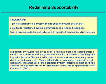 Redefining Supportability Supportability That characteristic of a system and its support system design that provides for sustained system performance at.