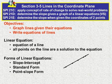Section 3-5 Lines in the Coordinate Plane SPI 21C: apply concept of rate of change to solve real-world problems SPI 21D: