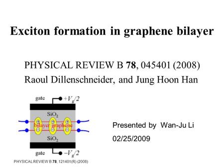 Exciton formation in graphene bilayer PHYSICAL REVIEW B 78, 045401 (2008) Raoul Dillenschneider, and Jung Hoon Han Presented by Wan-Ju Li 02/25/2009 PHYSICAL.