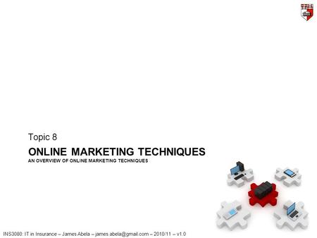INS3080: IT in Insurance – James Abela – – 2010/11 – v1.0 ONLINE MARKETING TECHNIQUES AN OVERVIEW OF ONLINE MARKETING TECHNIQUES.
