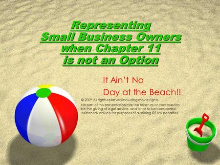 1 Representing Small Business Owners W hen Chapter 11 is not an Option It Aint No Day at the Beach!! © 2009 All rights reserved including movie rights.