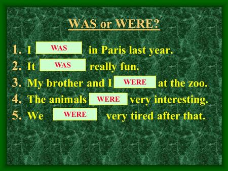 WAS or WERE? 1. I in Paris last year. 2. It really fun. 3. My brother and I at the zoo. 4. The animals very interesting. 5. We very tired after that.