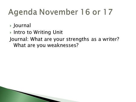 Journal Intro to Writing Unit Journal: What are your strengths as a writer? What are you weaknesses?