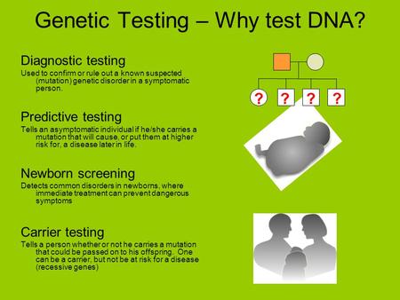 Diagnostic testing Used to confirm or rule out a known suspected (mutation) genetic disorder in a symptomatic person. Predictive testing Tells an asymptomatic.