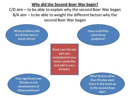 Why did the Second Boer War begin? C/D aim – to be able to explain why the second Boer War began B/A aim – to be able to weight the different factors why.