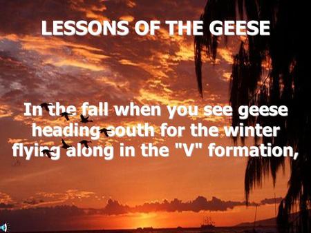 LESSONS OF THE GEESE In the fall when you see geese heading south for the winter flying along in the V formation,