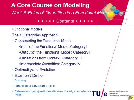 1 A Core Course on Modeling Contents Functional Models The 4 Categories Approach Constructing the Functional Model Input of the Functional Model: Category.