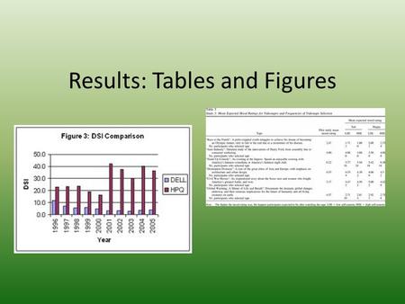 Results: Tables and Figures. Tables and Figures When to use what? Text: for simple results E.g. Seed production was higher for plants in the full-sun.