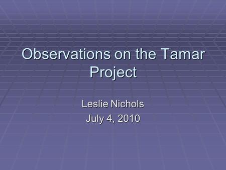 Observations on the Tamar Project Leslie Nichols July 4, 2010.