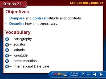 Objectives Vocabulary Compare and contrast latitude and longitude.
