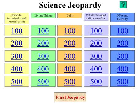 Science Jeopardy 100 200 300 400 500 100 200 300 400 500 100 200 300 400 500 100 200 300 400 500 100 200 300 400 500 Scientific Investigation and Metric.