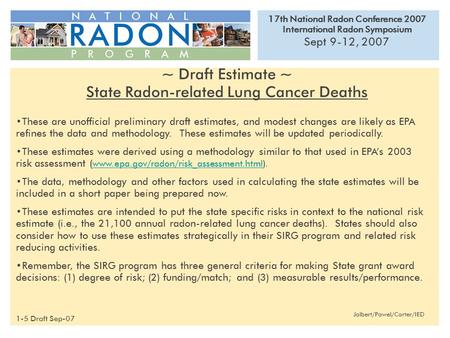 17th National Radon Conference 2007 International Radon Symposium Sept 9-12, 2007 Jalbert/Pawel/Carter/IED ~ Draft Estimate ~ State Radon-related Lung.