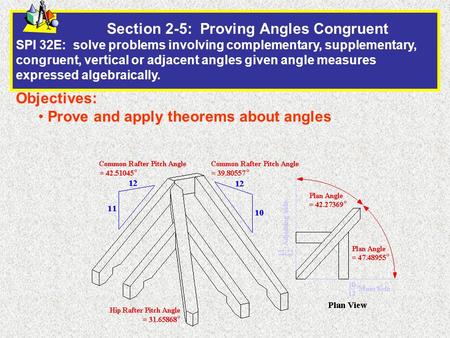 Section 2-5: Proving Angles Congruent SPI 32E: solve problems involving complementary, supplementary, congruent, vertical.