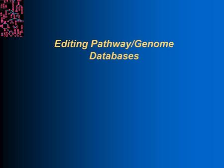 Editing Pathway/Genome Databases. SRI International Bioinformatics Pathway Tools Paradigm Separate database from user interface Navigator provides one.
