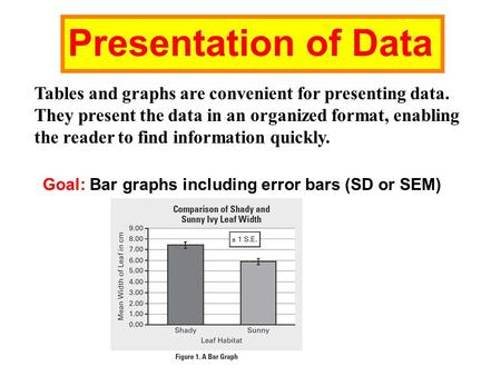 Presentation of Data Tables and graphs are convenient for presenting data. They present the data in an organized format, enabling the reader to find.