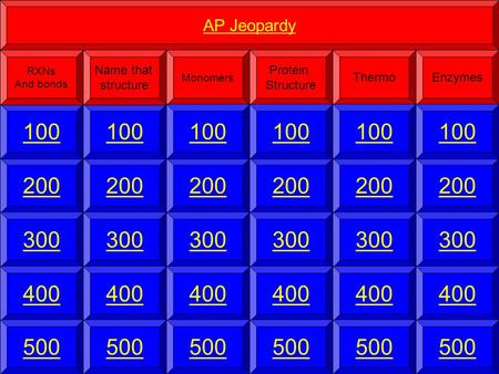 200 100 AP Jeopardy RXNs And bonds 300 400 500 Monomers Protein Structure Thermo 200 100 Name that structure 300 400 500 Enzymes 200 100 300 400 500 200.