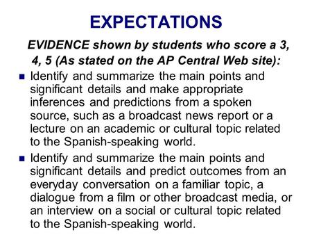 EXPECTATIONS EVIDENCE shown by students who score a 3, 4, 5 (As stated on the AP Central Web site): Identify and summarize the main points and significant.