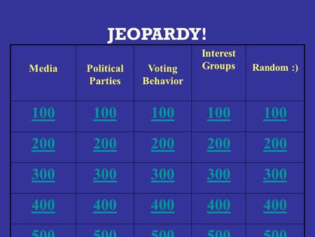 MediaPolitical Parties Voting Behavior Interest Groups Random :) 100 200 300 400 500 JEOPARDY!