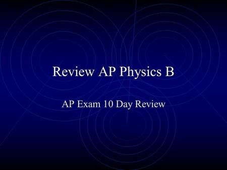 Review AP Physics B AP Exam 10 Day Review. Chapter 21-D Motion Average speed versus average velocity Acceleration = Δv/Δt v = v o +at v 2 = v o 2 + 2aΔx.